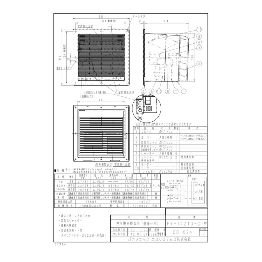 【FY-14ZTD-W】 《KJK》 パナソニック 壁埋込形空調換気扇 ωτ0の画像