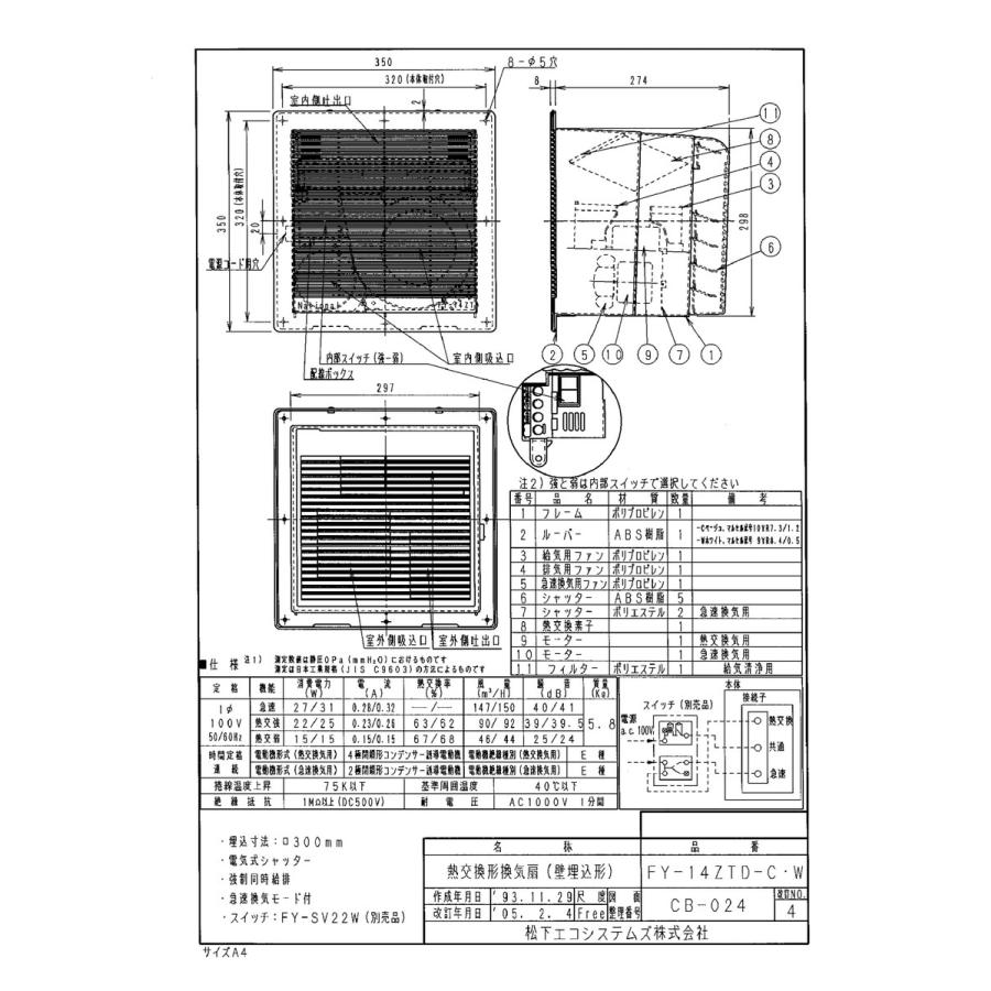 【FY-14ZTD-W】 《KJK》 パナソニック 壁埋込形空調換気扇 ωτ0の画像