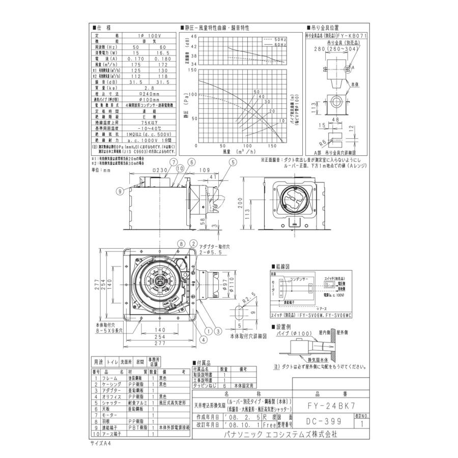 Panasonic - 【FY-24BK7】 《KJK》 パナソニック 天埋換気ファン（鋼板製）ルーバー別売・低耳障りな音 ωτ0 便器、ビデ-DIY、工具-住宅設備