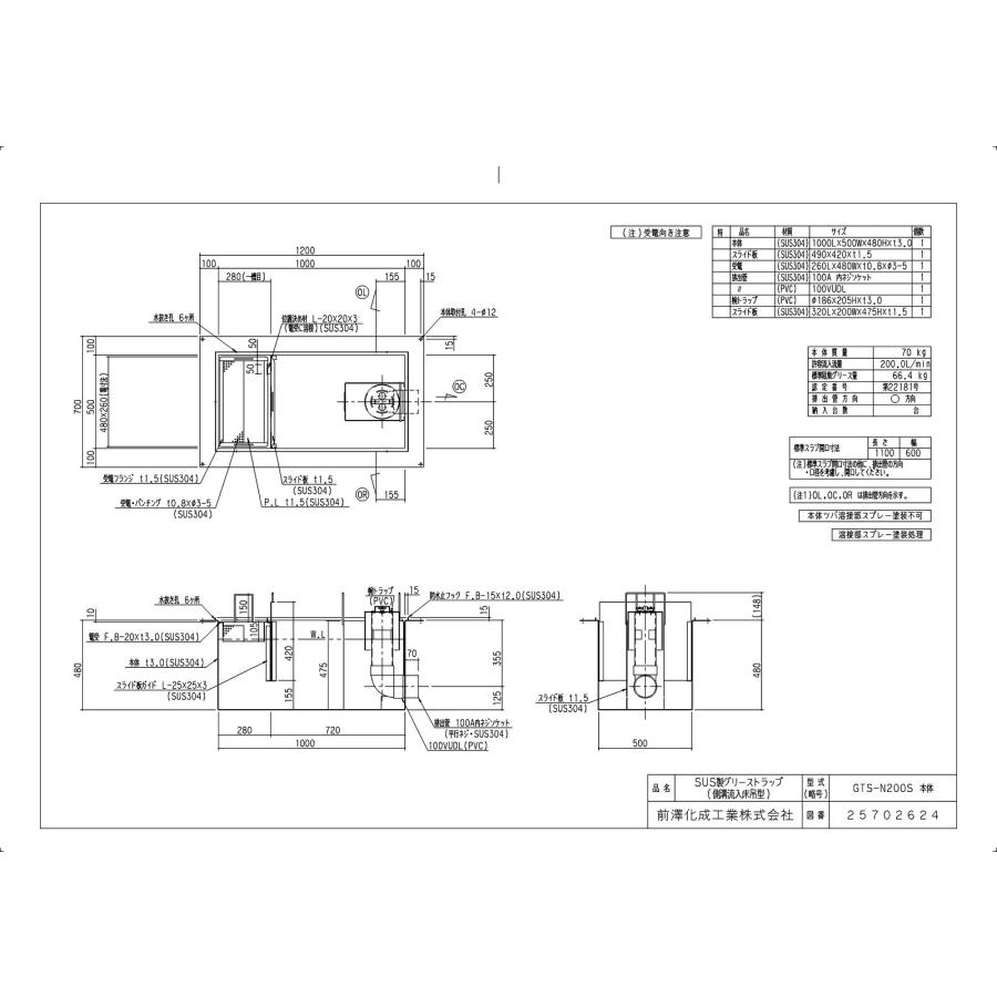 【GTS-N200S FRP蓋付】 《KJK》 マエザワ SUS製グリーストラップ 側溝流入床吊型 GTS-S ωε1_1