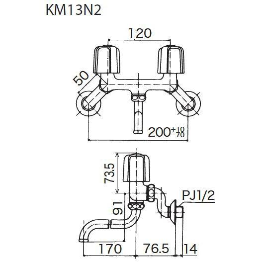 【KM13N2】 《KJK》 KVK 壁 2ハンドル混合水栓 ２ハンドル混合栓 金具 蛇口 カラン ωζ2｜kjk｜03