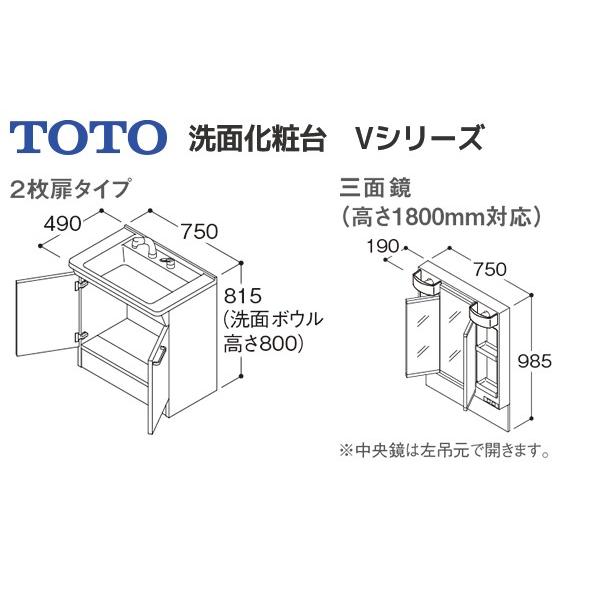 《KJK》　TOTO　Vシリーズ　エコミラーあり　2枚扉　洗面台　ホワイト　3面鏡(高さ1800mm)　幅750　ωα0