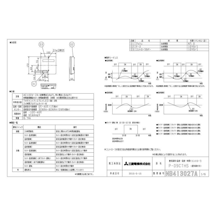三菱電機 P-09CTHS 温度・湿度コントローラー Amazon | 三菱電機 換気扇用 温度・湿度・時間コントローラ(屋内