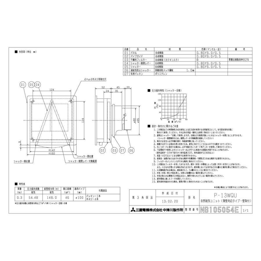 三菱電機（MITSUBISHI ELECTRIC） 【P-13WQU】 《KJK》 自然給気