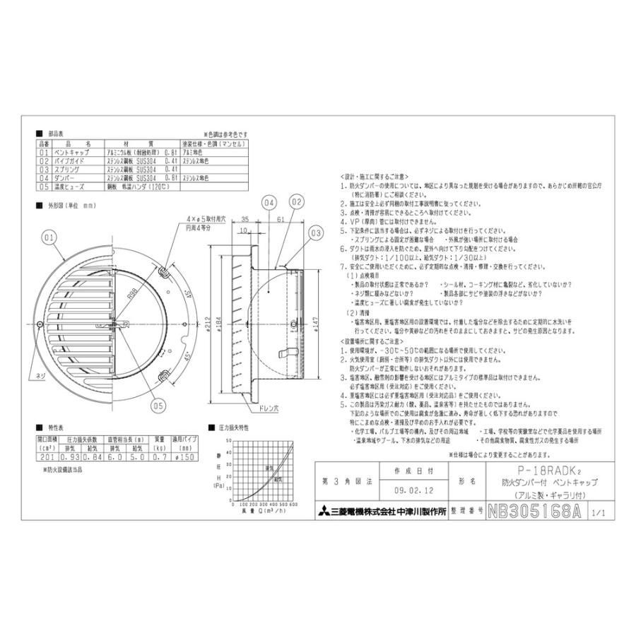 【P-18RADK2】 《KJK》 三菱電機 アルミ製ベントキャップ 防火ダンパー・ギャラリ付 ωβ0｜kjk｜02