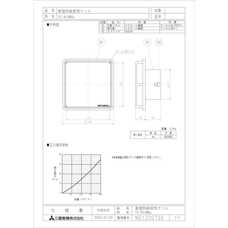 三菱電機　耐湿型吸排気グリルPZ-N 2020WG2 PZ-N25WG2 三菱電機 業務用・工業用換気扇 業務用ロスナイ用