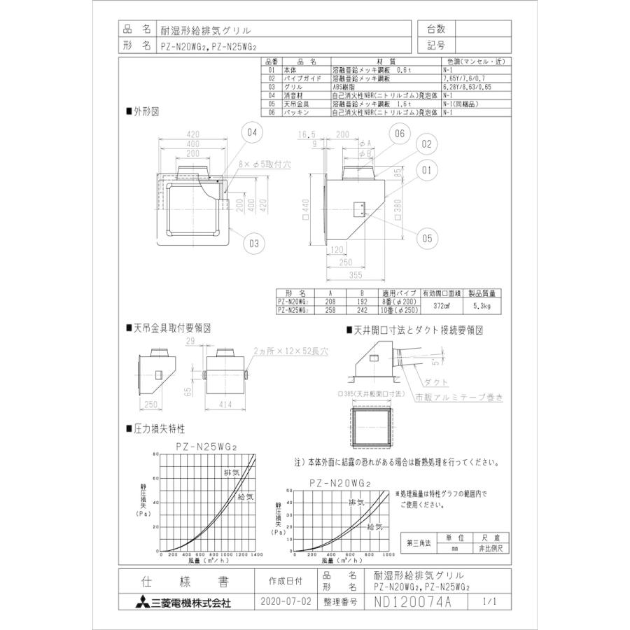 三菱電機　耐湿型吸排気グリルPZ-N 2020WG2 三菱電機（MITSUBISHI ELECTRIC） 【PZ-N20WG2】 《KJK》 耐湿形給排気