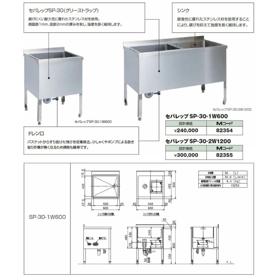 SP-30-1 W600】 《KJK》 マエザワ グリーストラップ シンク一