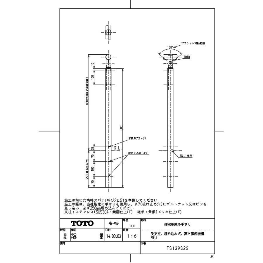Ts139s2s Kjk Toto 住宅用屋外手すり 受支柱 埋め込み式 高さ調節機構有り Wg0 Ts139s2s Kjk 通販 Yahoo ショッピング