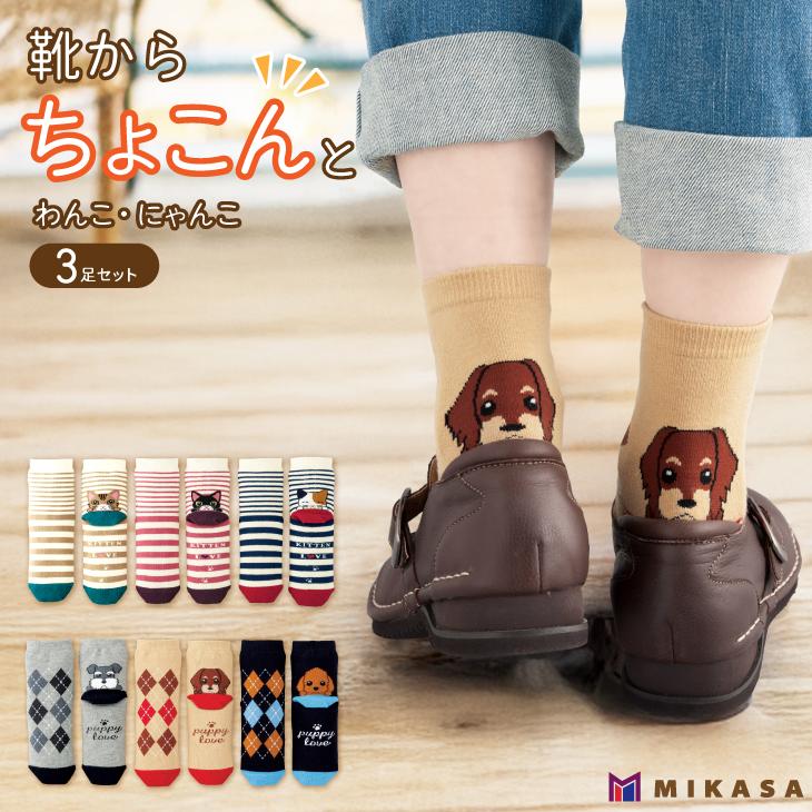 三笠（mikasa） 靴からちょこんと わんこ ソックス 3柄組 パート2 靴下