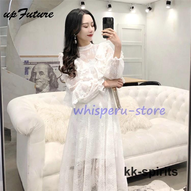 ワンピース ドレス レディース 春秋 マキシ丈 長袖 レース