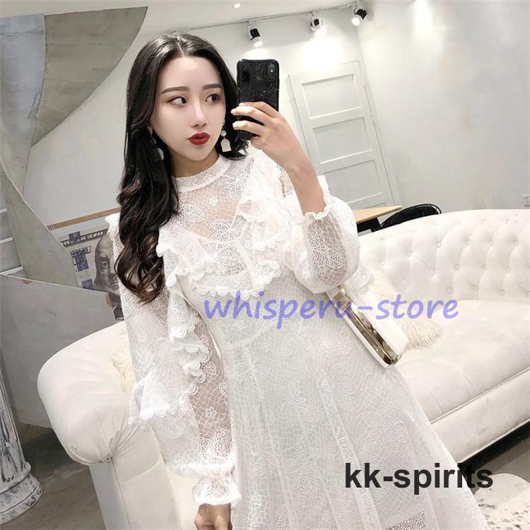 ワンピース ドレス レディース 春秋 マキシ丈 長袖 レース