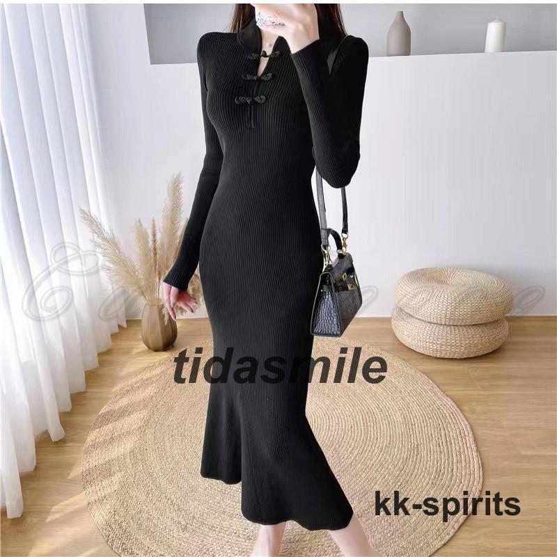 ニットワンピース レディース 長袖 チャイナドレス風 ロング丈