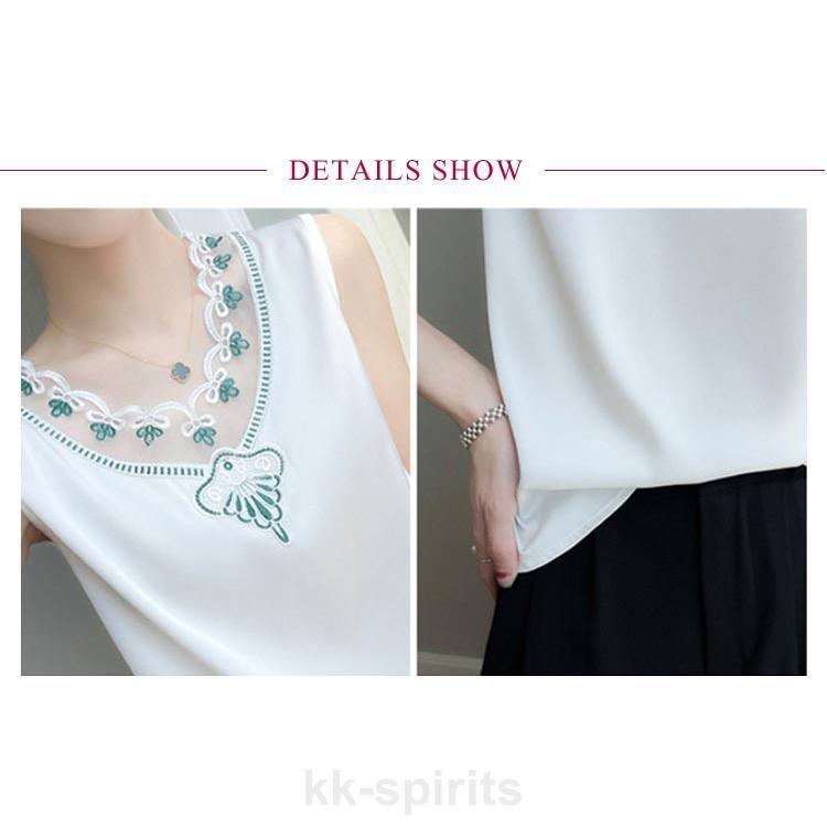 vaqutau voyage ノースリーブス トップス サテン タンクトップ ノースリーブ インナー 刺繍 シャツ レース