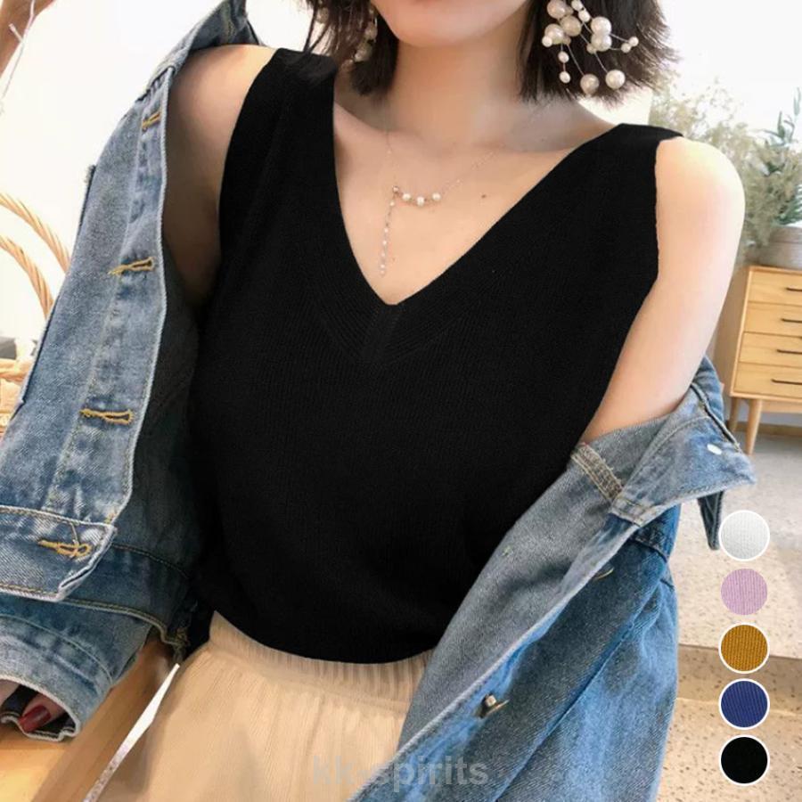 ニットタンクトップ Vネックサマーニット 春 夏 秋 : kk-spirits