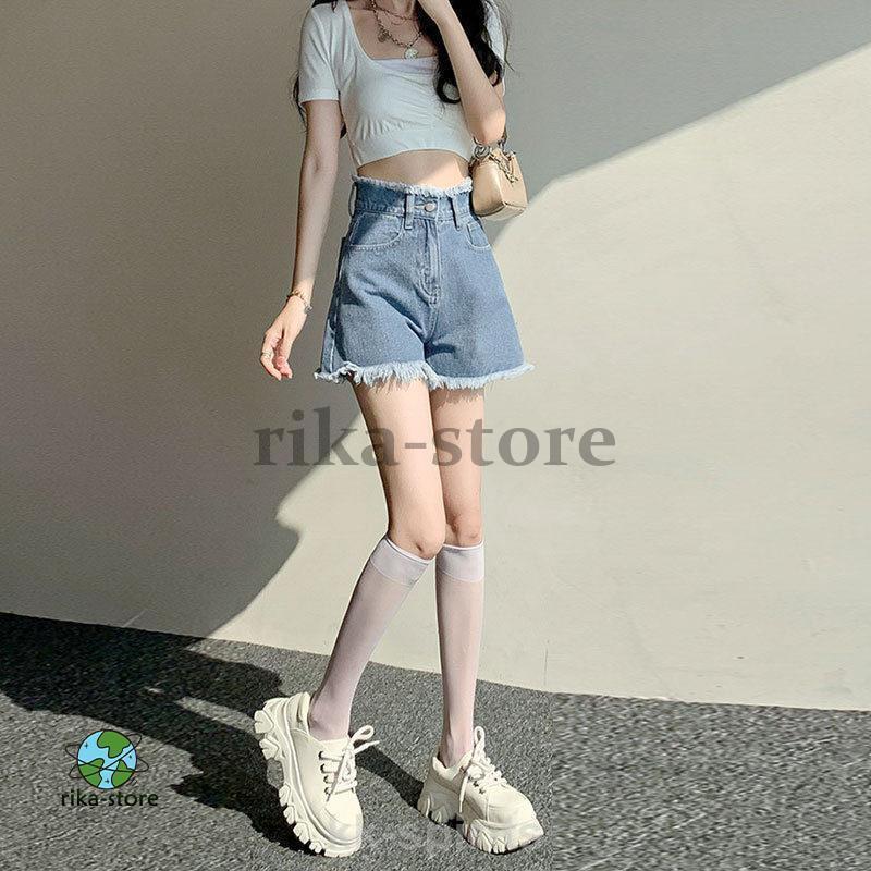 デニムショートパンツ レディース 夏 ハイウエスト ダメージ加工