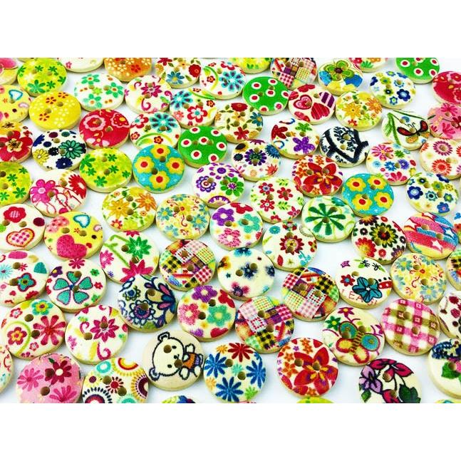 【即購入OK】#1333　14個　15mm ボタン ウッド 手芸 お花　フラワー ボタン 手芸 用 ウッド 木製 15mm 100個 花柄 多種 ミックス ウッド