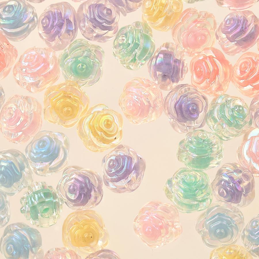 ビーズ 花 オーロラ 11mm 200個 パステル 透明 ぷっくりフラワー