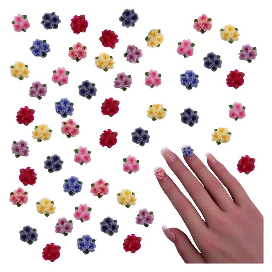 ネイルパーツ 花 くすみ 11mm 3D 立体 3輪 50個 混色 葉っぱ 樹脂製
