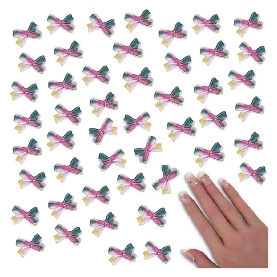 ネイルパーツ リボン 小さめ 10mm 混色 50個 虹色 ラメ 3D 蝶々結び