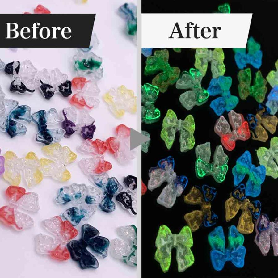 光る★ネイルパーツ*リボン**蓄光パーツ* ネイルパーツ リボン クリア 10mm グラデーション ミックス 100個 3D