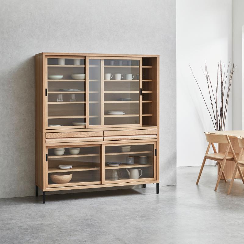 河口家具製作所 食器棚 カップボード キッチンボード フリーボード 本棚 棚 3枚ガラス扉付！120cm 河口家具製作所 キャビネット カップボード 120cm ダイニングボード
