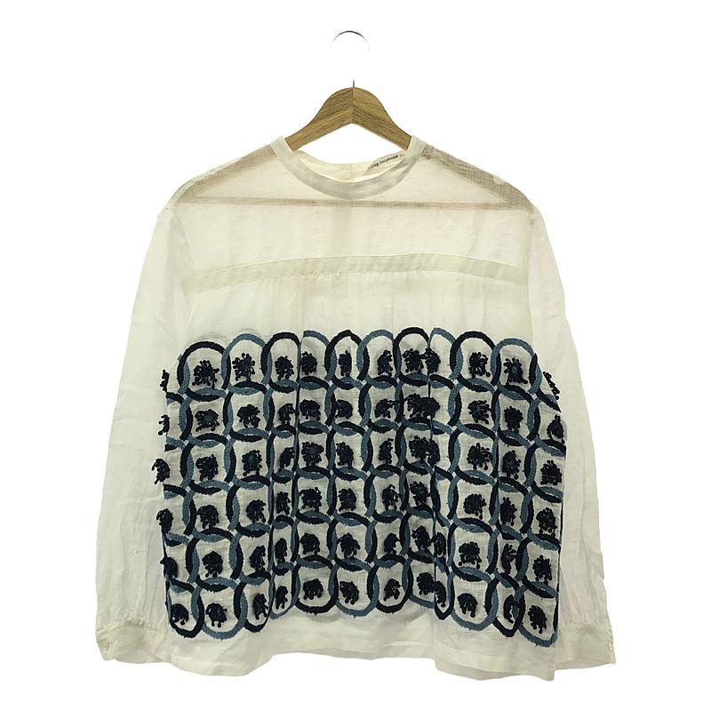 【美品】  mina perhonen / ミナペルホネン | 2005-06 a/w | ring flower リネン ブラウス | 36/38 | ホワイト/ネイビー/ライトブルー | レディース mina perhonen（ミナペルホネン） 【美品】 | 2005-06 a/w | ring
