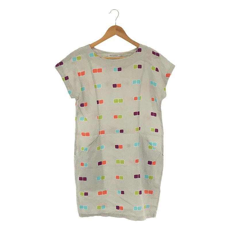 marimekko / マリメッコ | リネン総柄 半袖ワンピース | 34 | グレー