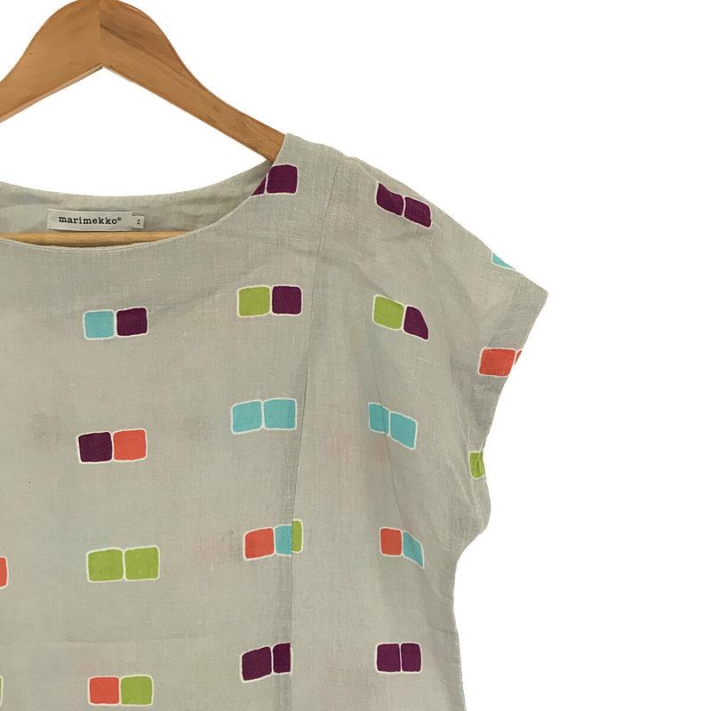 marimekko / マリメッコ | リネン総柄 半袖ワンピース | 34 | グレー