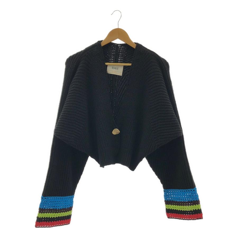 【美品】  PONTI / ポンティ | ウール メタルボタン クロシェ ニット カーディガン | F | ブラック | レディース PONTI / ポンティ ウール メタルボタン クロシェ ニット カーディガン