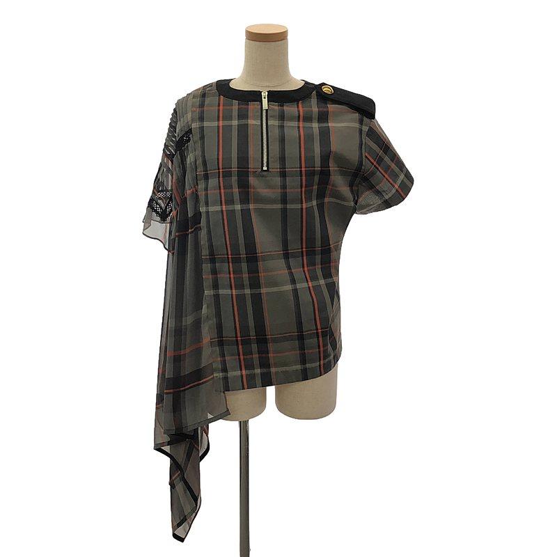 【美品】  sacai / サカイ | 2019SS | チェック フリル プリーツ スカーフドッキング 半袖カットソー | 1 | グレー | レディース sacai（サカイ） 【美品】 | 2019SS | チェック フリル プリーツ