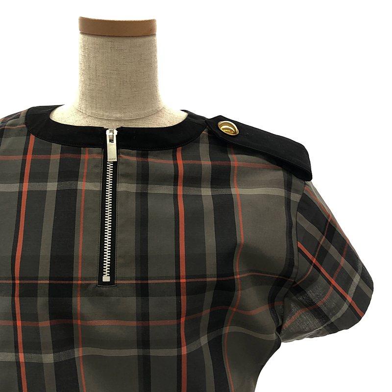 【美品】  sacai / サカイ | 2019SS | チェック フリル プリーツ スカーフドッキング 半袖カットソー | 1 | グレー | レディース sacai（サカイ） 【美品】 | 2019SS | チェック フリル プリーツ