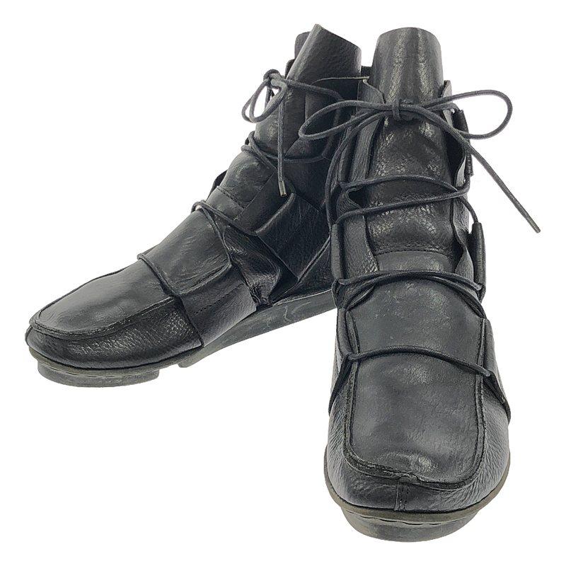 黒 レザー サイドゴアブーツ レースアップトリッペン