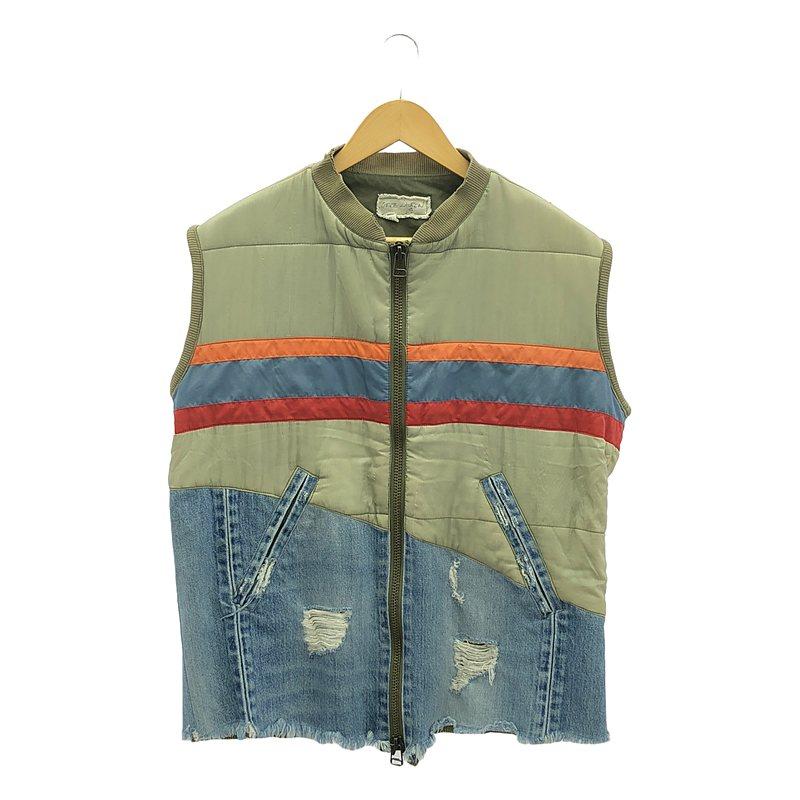 GREG LAUREN / グレッグローレン | 50/50 ARMY NYLON DENIM VEST / 再構築 リメイク パッチワーク デニム ミリタリーベスト | 2 | インディゴ/カーキ | メンズ GREG LAUREN / グレッグローレン | 50/50 ARMY NYLON DENIM VEST 再
