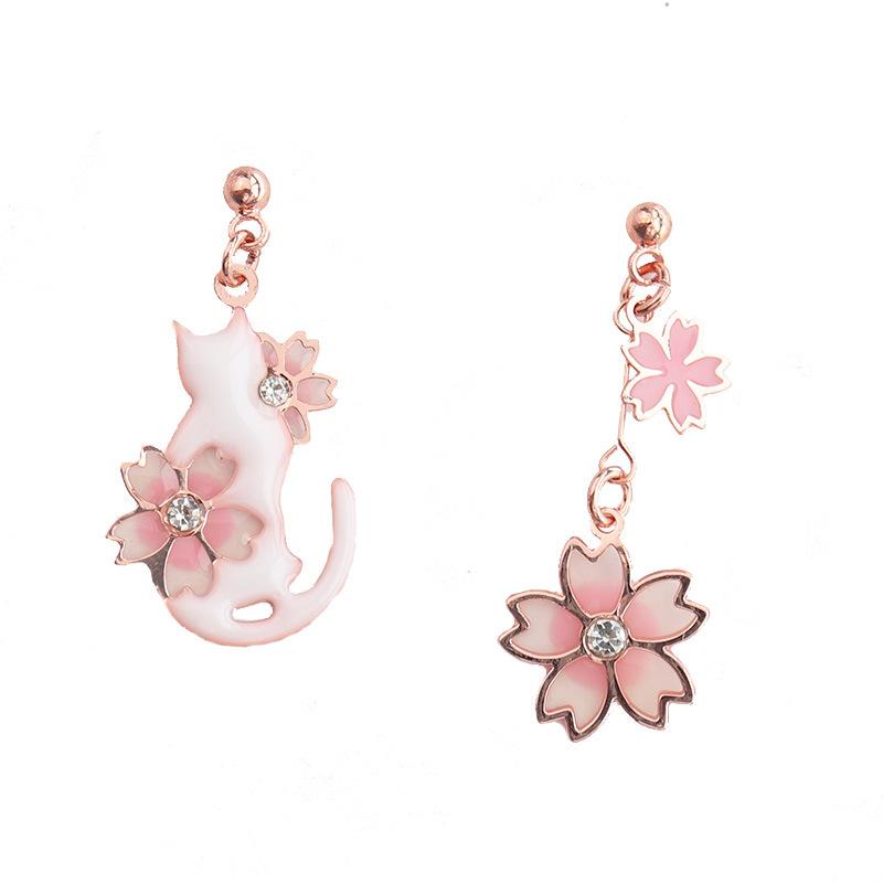 キャット＆フラワーピアスとイヤリング2タイプ 猫＆桜 アシメトリー