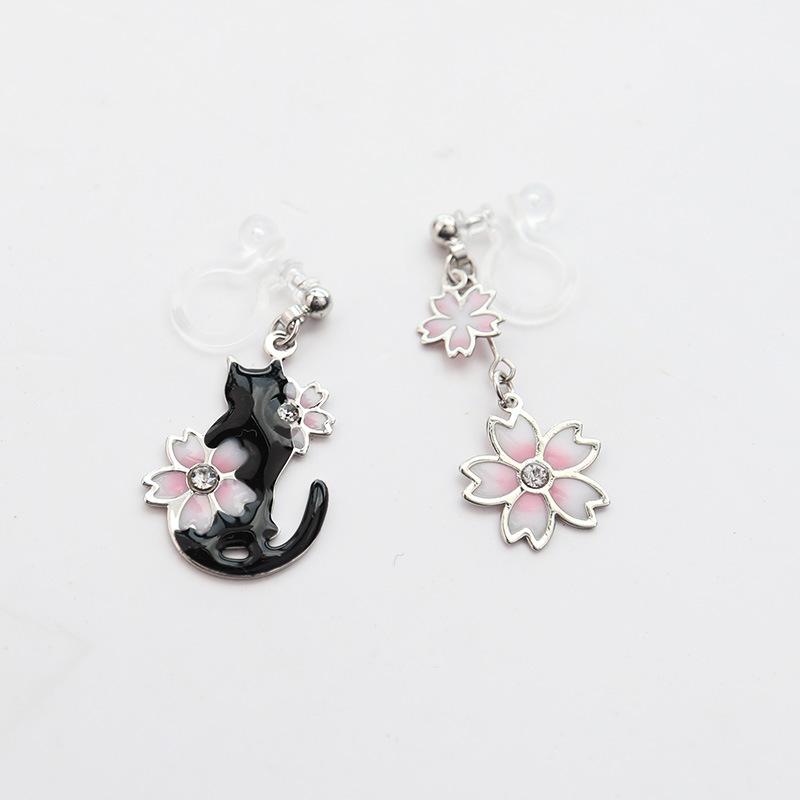 キャット＆フラワーピアスとイヤリング2タイプ 猫＆桜 アシメトリー