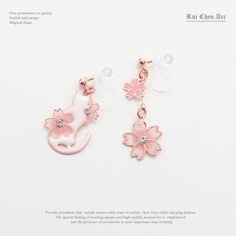 キャット＆フラワーピアスとイヤリング2タイプ 猫＆桜 アシメトリー