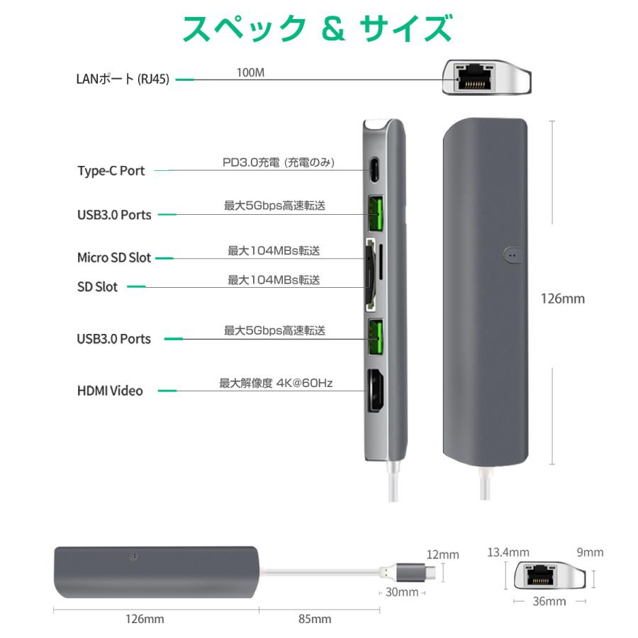 USB Type-C ハブ 7in1 USB3.0x2 4K HDMI 有線LAN PD充電 microSD SDスロット 拡張 変換 スペースグレイ 軽量 MacBook ChromeBook 3ヶ月保証｜km-serv1ce｜09