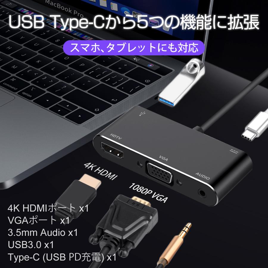 USB Type-C ハブ 5in1 4K USB3.0 ミラーリング HDMI VGA 個別の