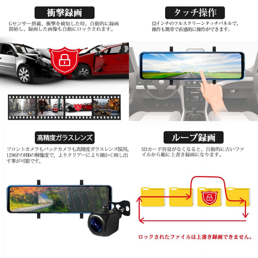 TOYOTA用の非純正品 MIRAI ドライブレコーダー 前後カメラ 12インチ