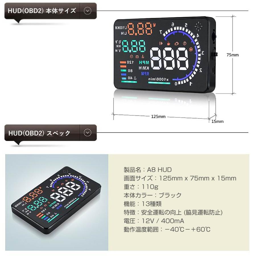 ヘッドアップディスプレイ HUD A8 OBD2 5.5インチ 大画面 カラフル 日本語説明書 車載スピードメーター ハイブリッド車対応 宅配便送料無料 6ヶ月保証 |  | 07