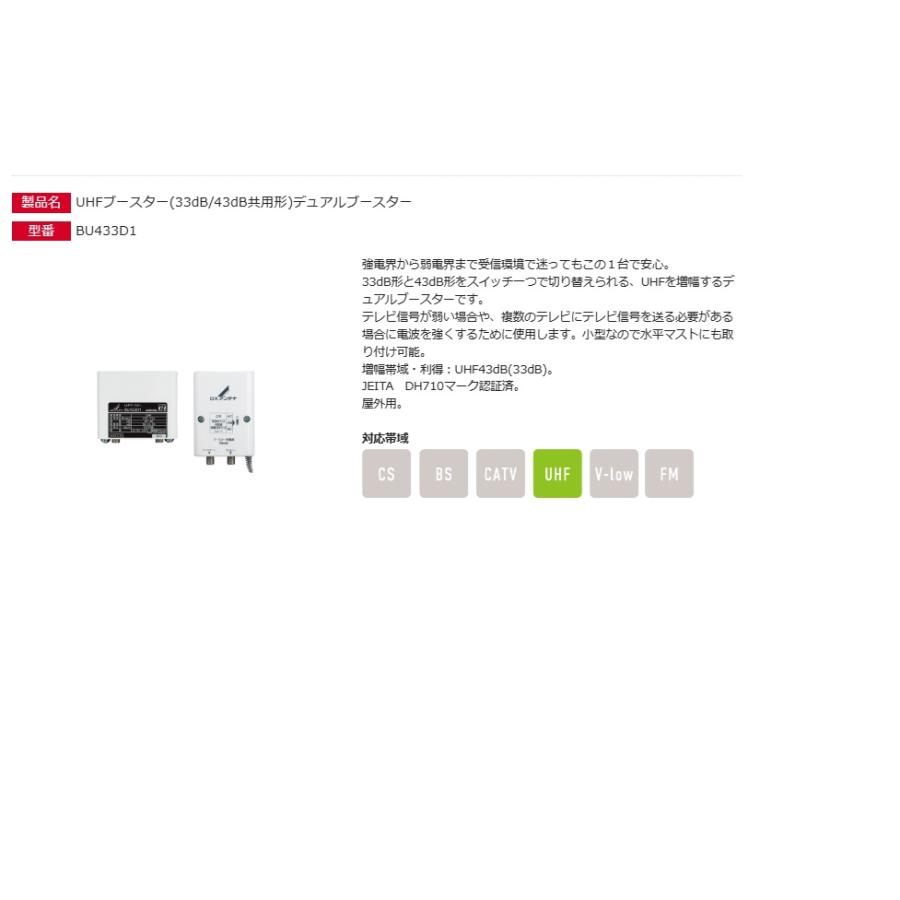 【開封のみ】ＤＸアンテナ　ＢＵ４３３Ｄ１　地上デジタル対応ブースター DXアンテナ DXアンテナ BU433D1 UHFブースター(33dB/43dB共用形