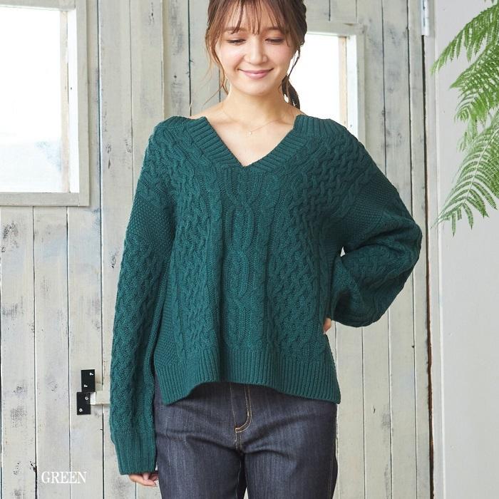 ケーブルニット レディース ニット キーネック ケーブル編み セーター