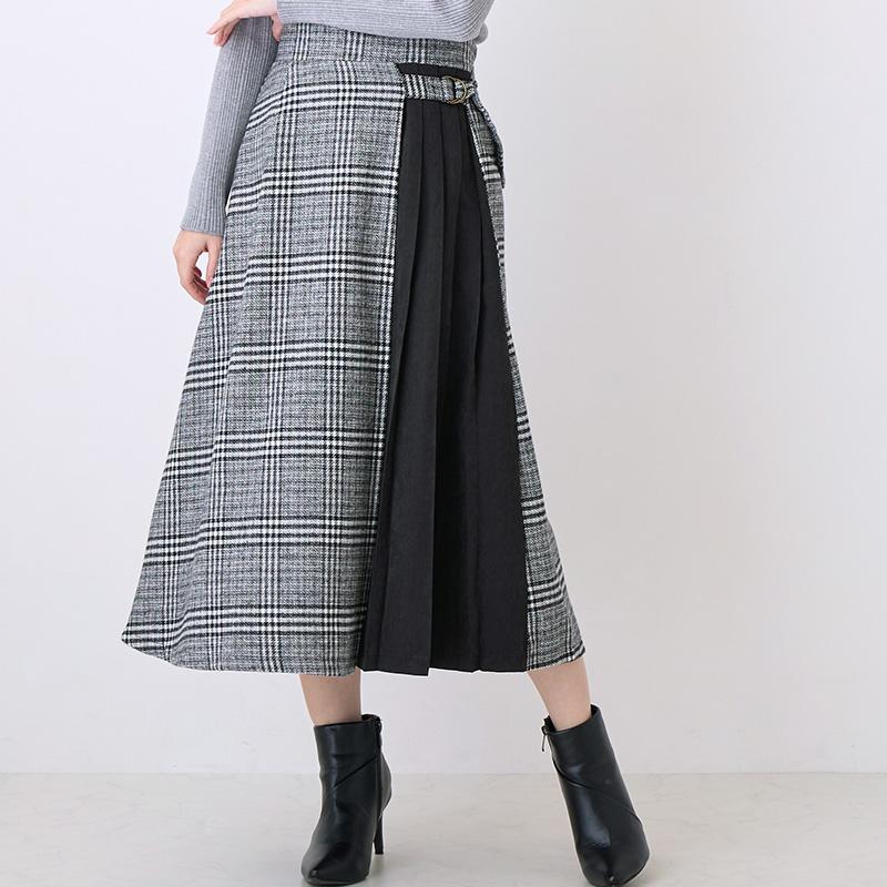 チェック フレア スカート ミモレ丈 サイドプリーツ フレア