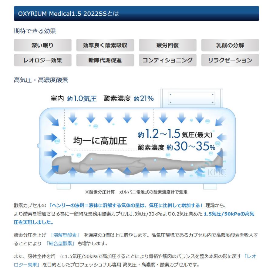 ハイスペック 酸素カプセル OXYRIUM MEDICAL オキシリウムメディカル 1.5気圧(＜1.6気圧)日本製 ALLアルミニウム一体型 ハードモデル 酸素発生器接続の画像