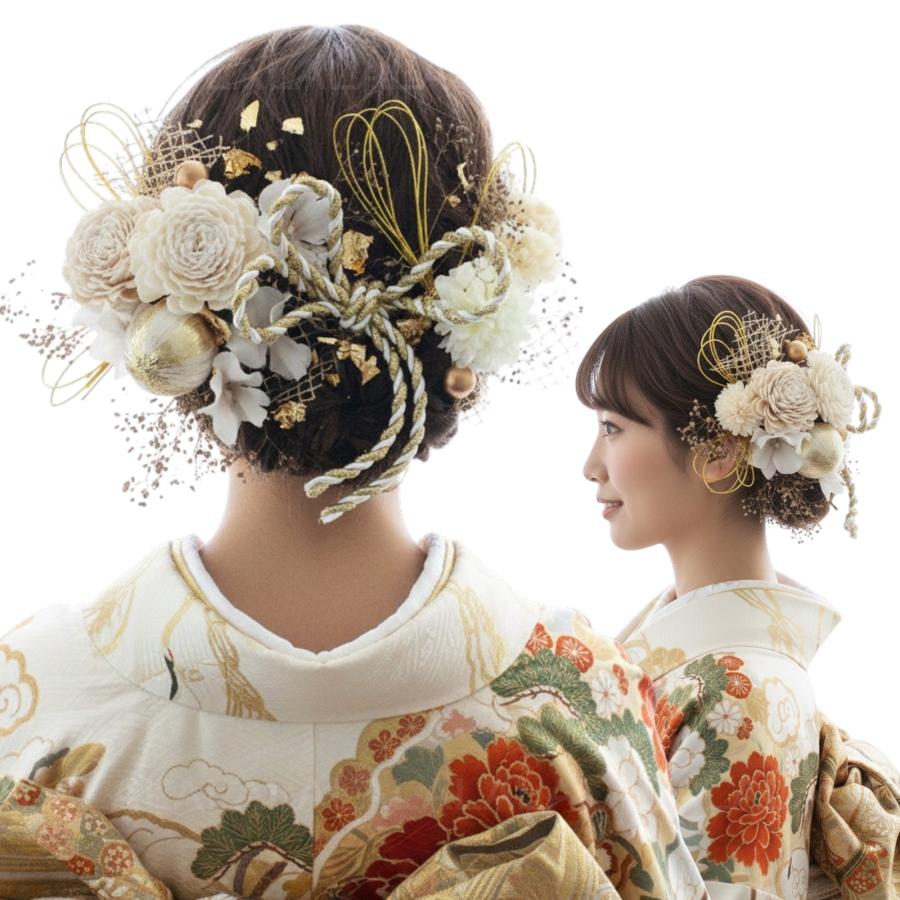 髪飾り 卒業式 袴 成人式 振袖 水引 金箔 和玉 白 ゴールド 高級 造花