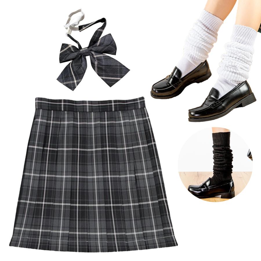 制服 ３点セット チェック スカート ＆ ルーズソックス 学生服 プリーツスカート コスプレ ミニスカート 60cm ルーズソックス 女子高生 JK ギャル 靴下 の商品画像