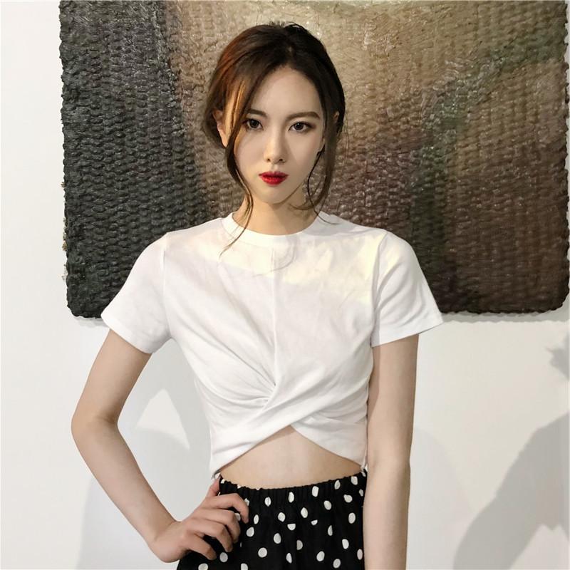 へそ出し トップス 韓国 ショート丈 Tシャツ 半袖 シンプル フロント