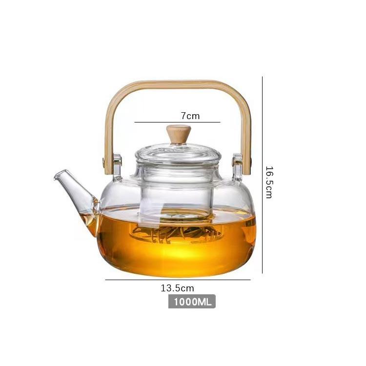 1000ml 耐熱ガラス 茶こし付き 直火可 ガラスやかん ティーポット 木製