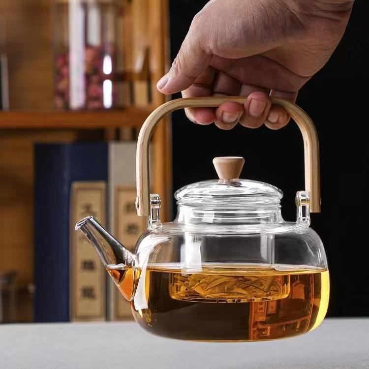 1000ml 耐熱ガラス 茶こし付き 直火可 ガラスやかん ティーポット 木製